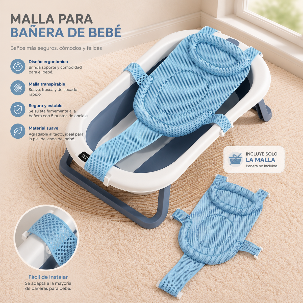 Malla Soporte Ergonómica para Bañera de Bebé