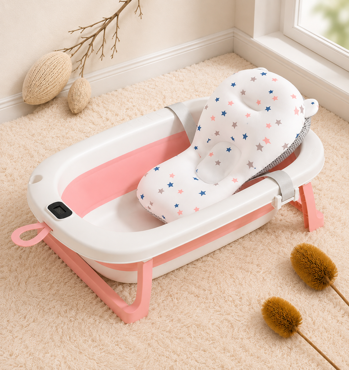 Bañera Plegable con Termómetro Digital y Cojín de Soporte